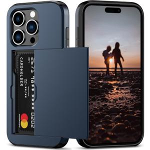 Nvollnoe Compatible with iPhone 15 Pro Case with Card Holder Heavy Duty Protective Dual Layer Shockproof Hidden Card Slot Slim Wallet Phone Cover for Women&Men 6.1 inch(Blue)