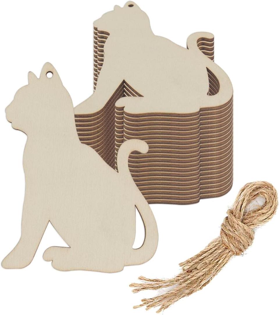 20pcs Cat Wood DIY Crafts Cutouts Blank Wooden Cat Shaped Hanging Ornaments with Jute Twines Wood Tags for Baby Shower Wedding Birthday Party Decorations