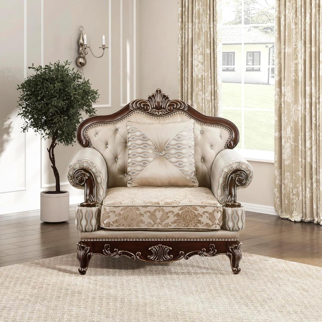 Lexicon Traditional Sofa Chair for Living Room Accent Chair with Tufting, Queen Legs in Cherry Finish with Gold Tipping, Upholstered Armchair Comfy Chair for Bedroom/Office/Waiting Room, Brown