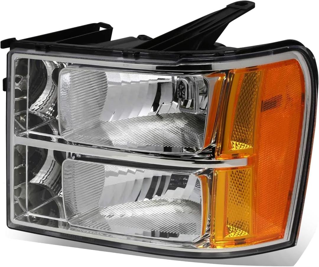Auto Dynasty Headlights Assembly Compatible with 2007-2014 GMC Sierra 1500 2500HD 3500HD, Driver Left Side Halogen Headlamps Replacement, GM2502283 Chrome Housing Amber Corner