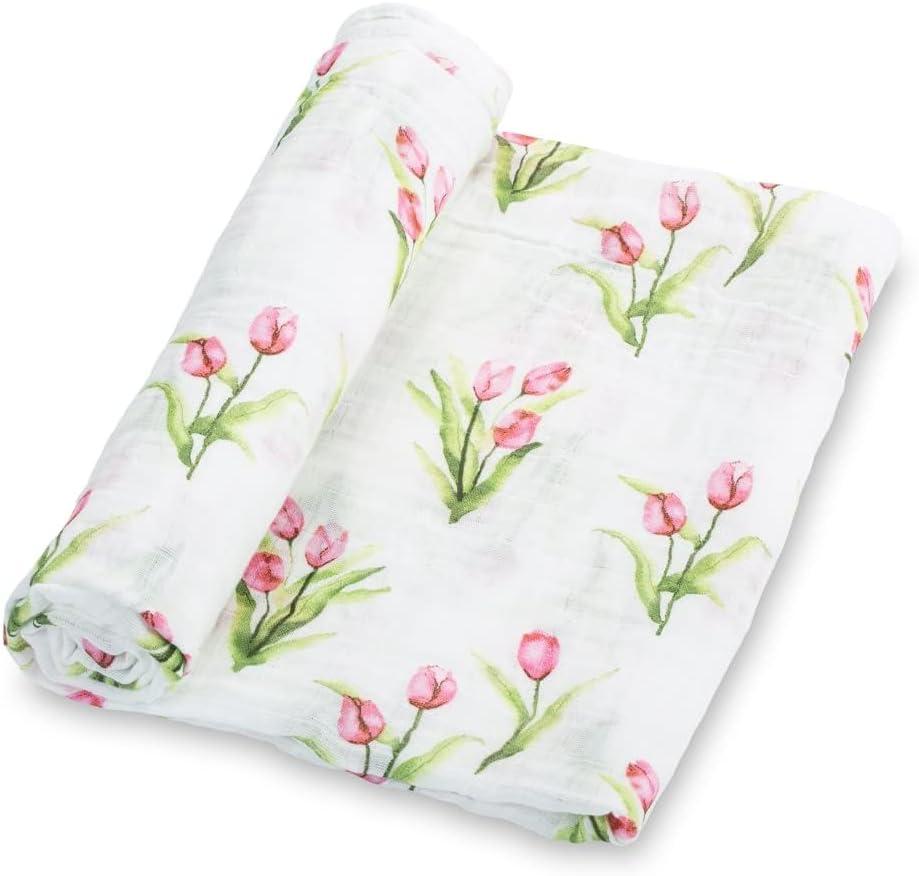 LollyBanks Baby Swaddle Blanket, 100% Muslin Cotton Muslin Blankets for Girls, Large 47 x 47 Inches Soft and Breathable Swaddles for Newborns, Gentle Baby Wrap Swaddle, Registry (Tulip Print)