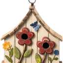 Glitzhome Bird Houses for Outside, 10.75" L Distressed Solid Wood Hanging Birdhouse with 3D Flowers Rustic Two-Story Townhouse Hand-Painted Garden Bird Houses for Outdoors,Washed White