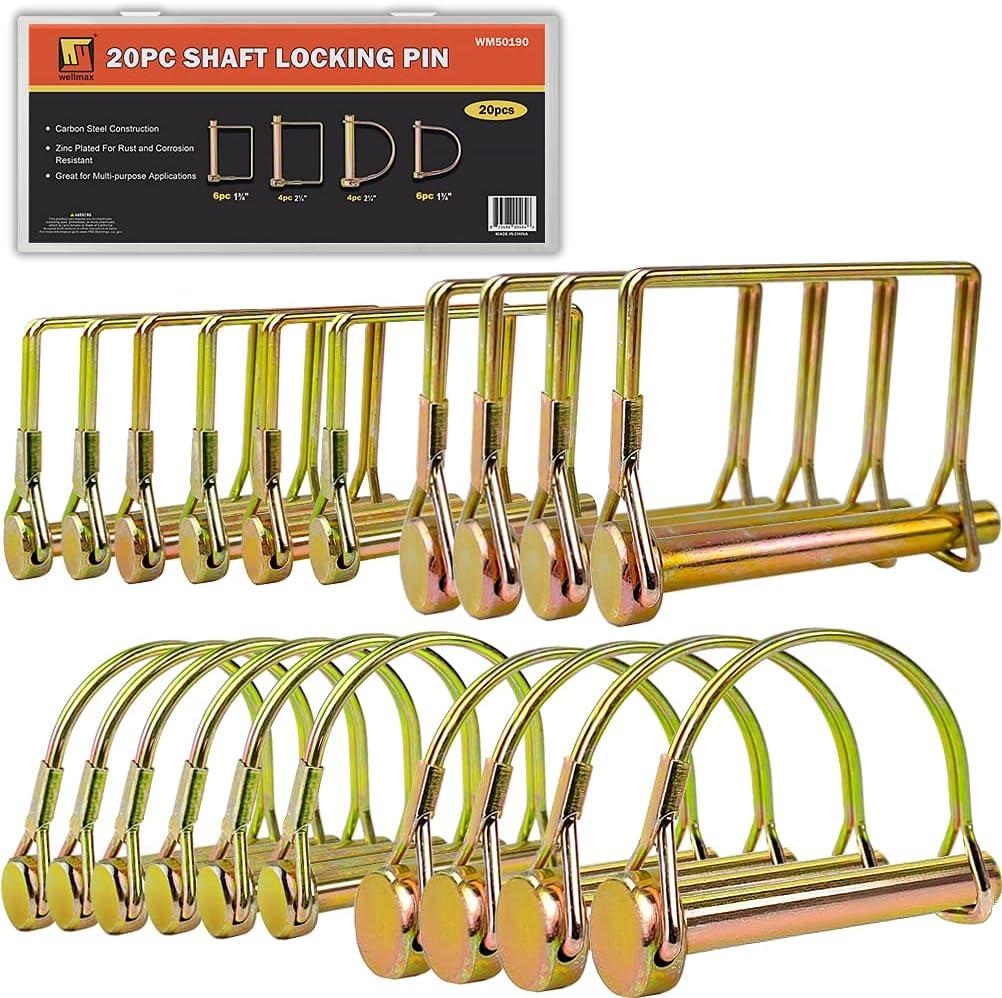 Wellmax 20 Pcs Trailer Hitch Pin in 1/4", 5/16" and 3/8" Diameter Zinc-Plated Heavy Duty Shaft Locking Pin, Trailer Pin for Trailer Lock and Hitch Pin Lock for Farm Lawn Garden Wagons, Gold Color
