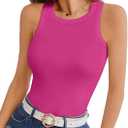 Womens Tank Tops Crew High Neck Sleeveless Ribbed Shirts Slim Fitted Top Summer Basic Casual Blouses Tee (XL, Rose Red)