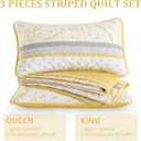 DJY Striped Quilt Set Queen Size, Yellow Grey Boho Striped Patchwork Leaves Printed Bedspread Coverlet Set 3 Pieces Soft Lightweight Microfiber Quilted Bedding Set for All Season (96"x90")