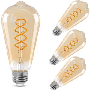 ST64 LED E26 Vintage Edison Light Bulbs, Light Amber Glass, Dimmable, 4W(40W Equivalent) 300 Lumin, 2500K Warm White, Spiral Filaments Design, Antique Style, 25000 Hrs, 4-Pack