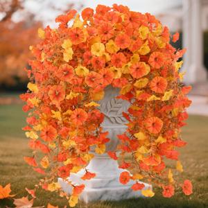 Fall Flowers for Outdoors, Halloween Fake Mums, 2 Bundles Hanging Morning Glory UV Resistant Artificial Bouquets for Autumn Porch, Realistic Faux Floral Fall Decor (Orange Yellow)
