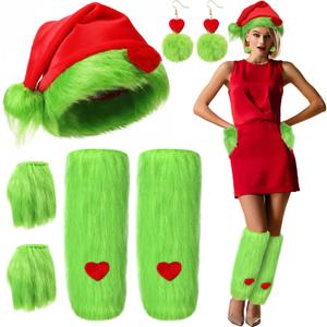 Berlune 7 Pcs Green Christmas Monster Santa Costume Accessories for Women Include Green Furry Leg Warmers Gloves Hat Earrings