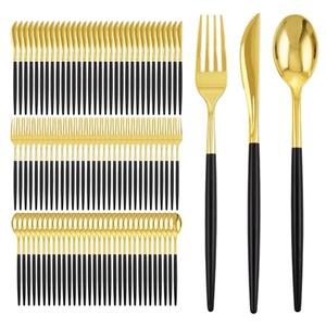 I00000 300Pcs Black Plastic Silverware, Happy New Year Gold Disposable Silverware, Black and Gold Plastic Utensils Include 100 Forks 100 Knives 100 Spoons, Disposable Cutlery for Wedding