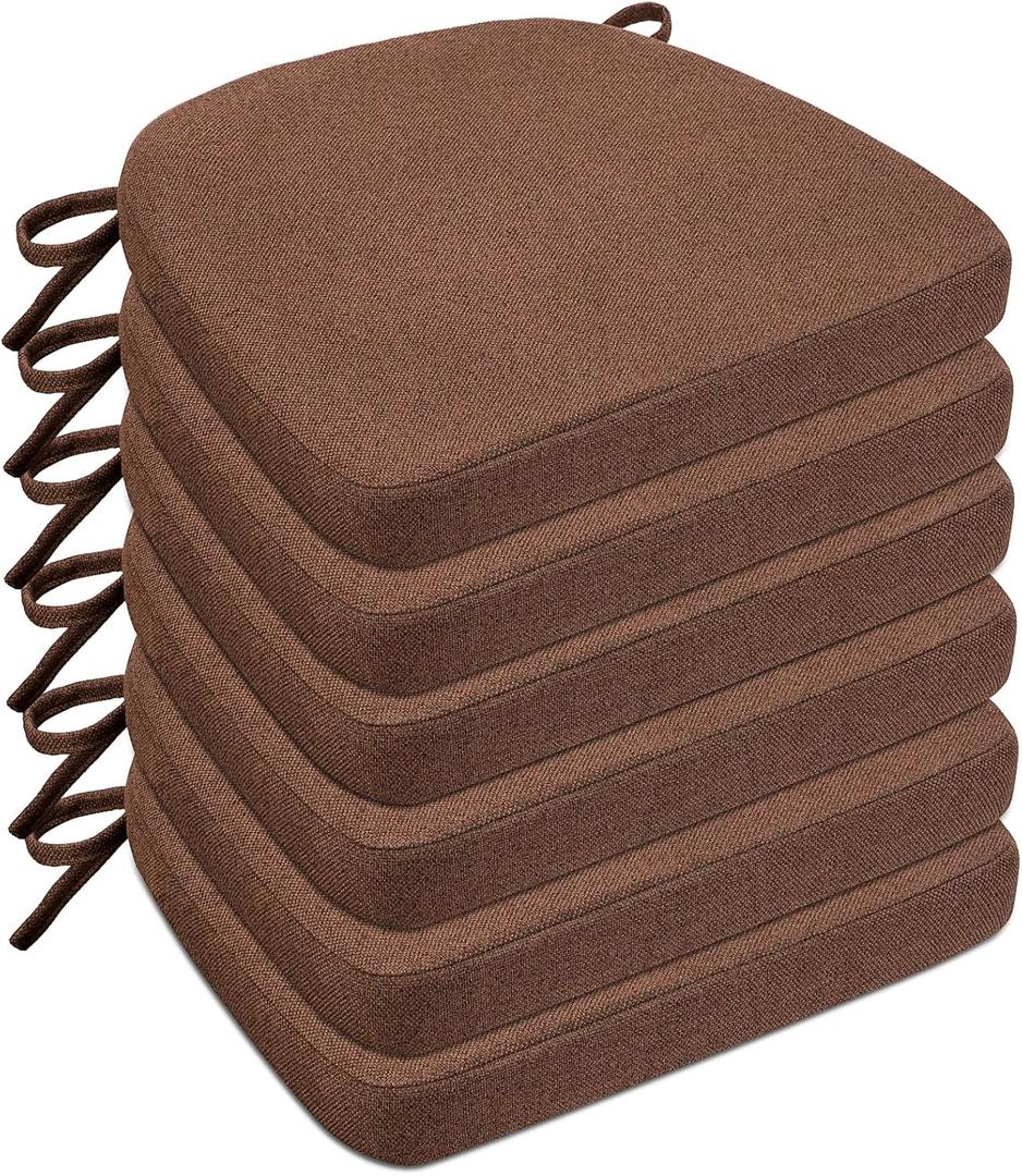 Sunsleek Chair Cushions for Dining Chairs, D-Shaped Seat Cushions with Removable Washable Cover and Ties, Chair Pads for Kitchen, Indoor Dining Room, Patio Chairs, 17'' x 16'', Set of 6, Brown