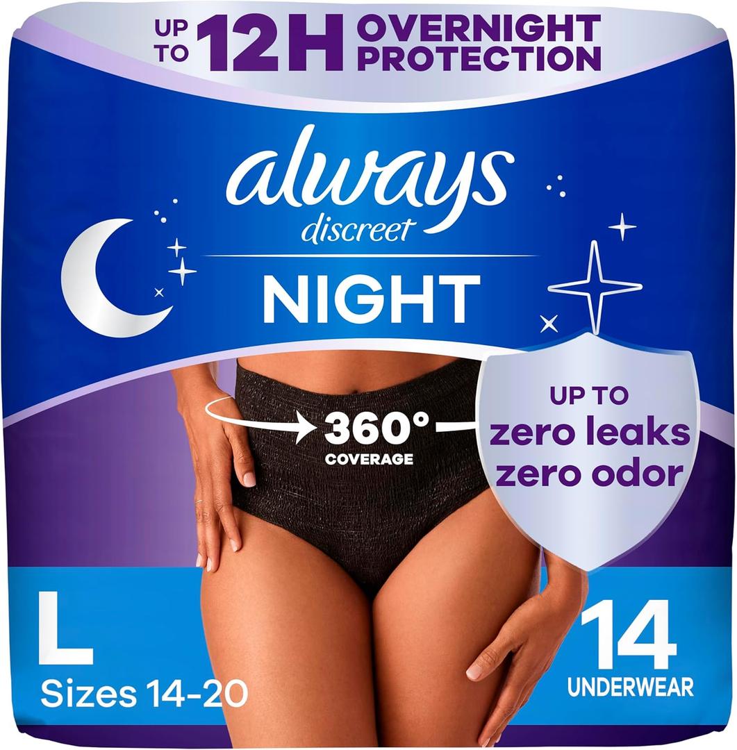 Always Discreet Adult Incontinence Overnight Underwear for Women, Large, Up to 100% Bladder Leak Protection, 14 Count