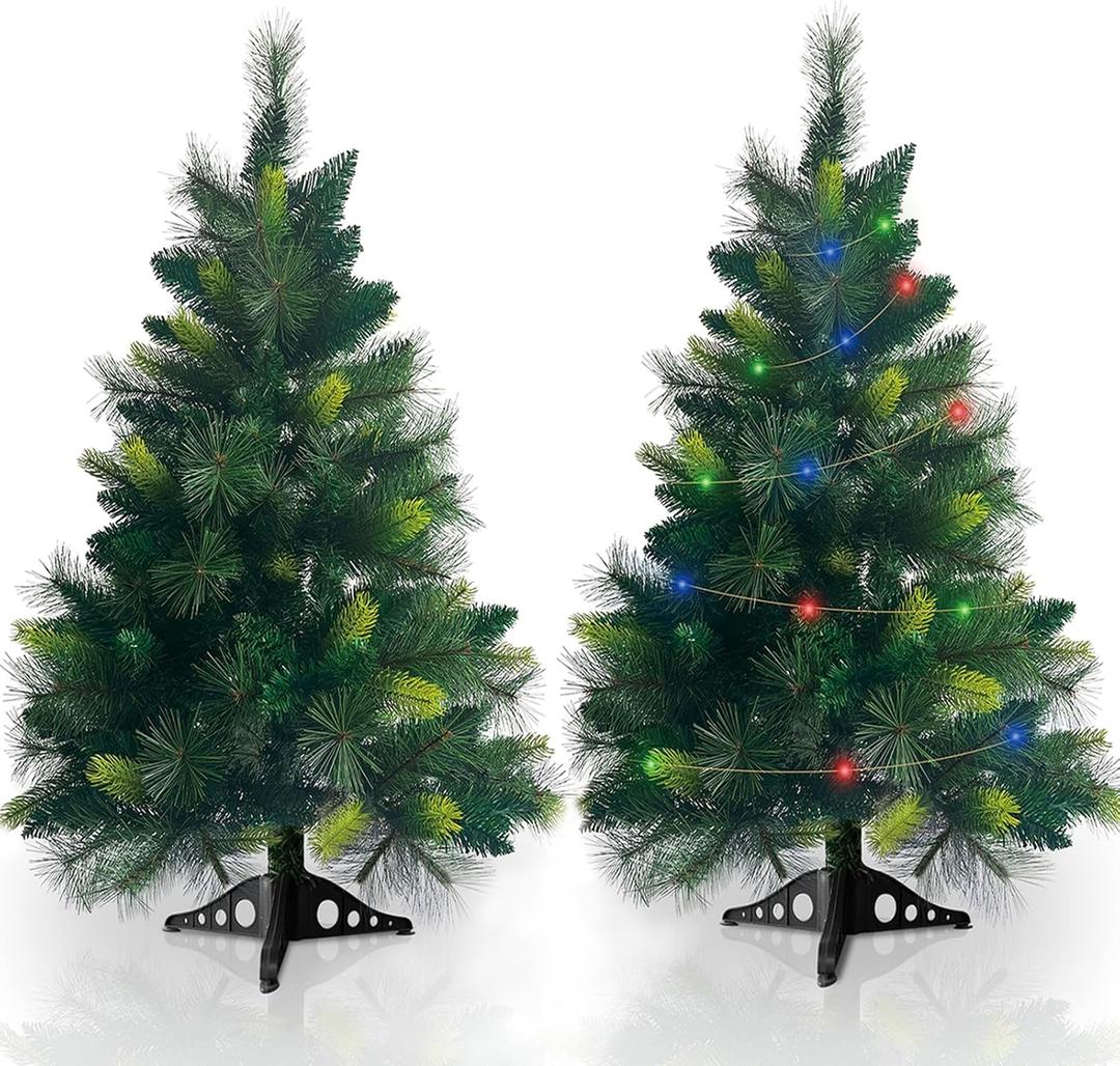 2 Pack 3.5 FT Artificial PE Fraser Fir Christmas Entrance Tree with 50 Multi Color Change Light 8 Mode Remote Control Realistic-Feel Xmas Tree Decor Battery Operated for Porch Front Door Home