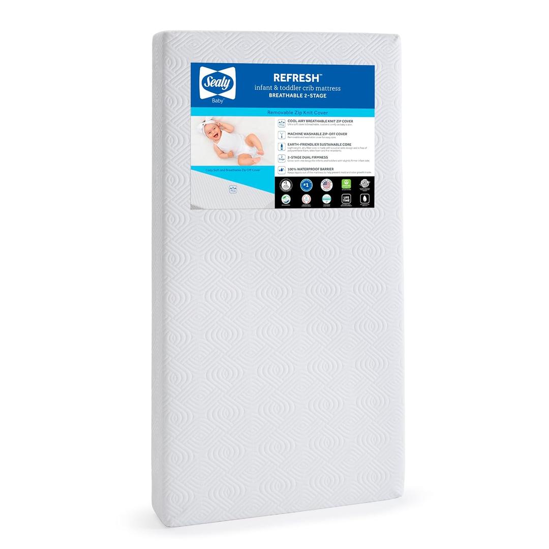 SEALY BABY Refresh Breathable 2 Stage Waterproof Crib Mattress Plus Toddler Bed Fit, Removable Knit Cover, GREENGUARD Gold Certified, Safety & Quality Tested, Made in USA, 52X28 -White