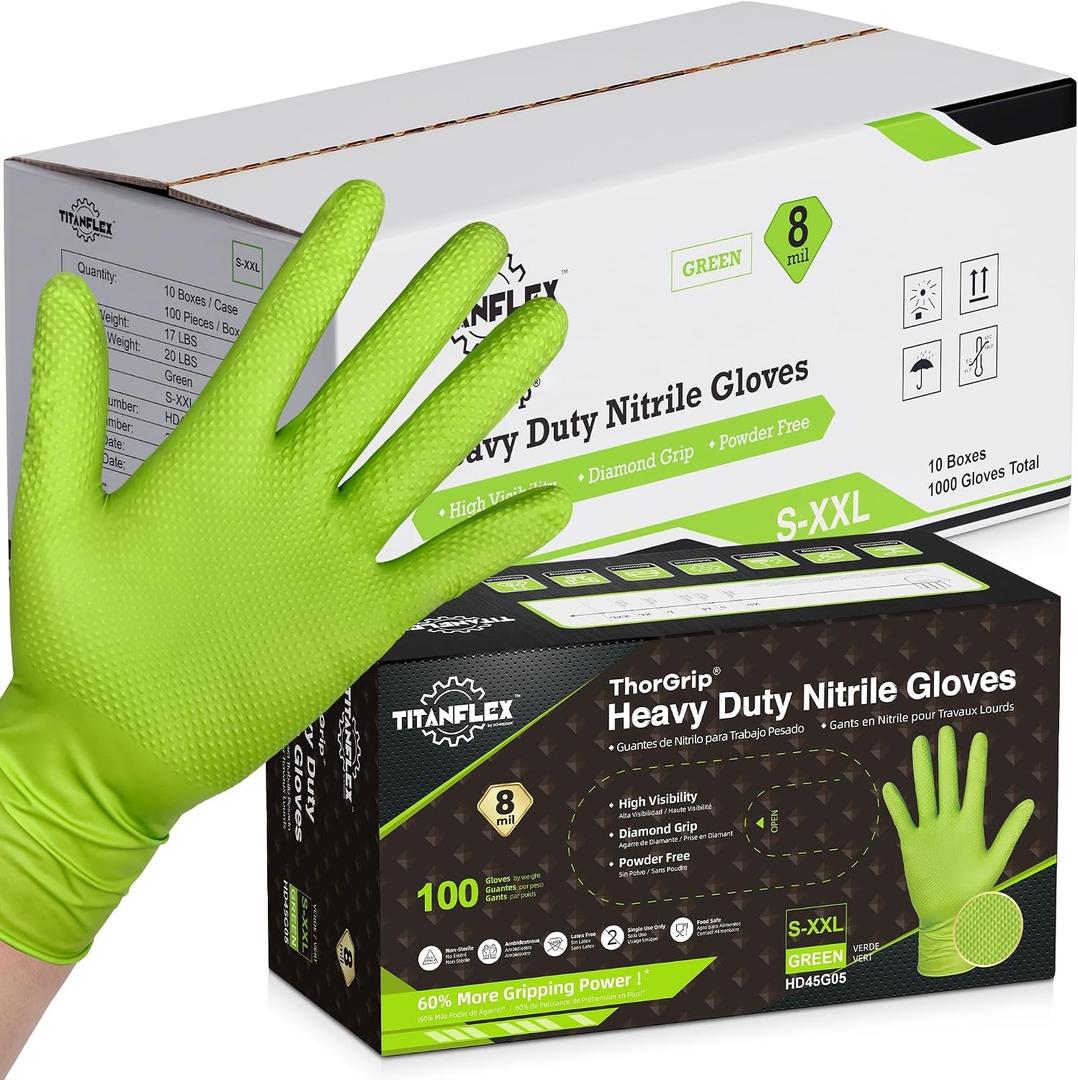 Heavy Duty Industrial Nitrile Gloves with Raised Diamond Texture, 8-mil, Latex Free (Green/Dark Green/Yellow) XL