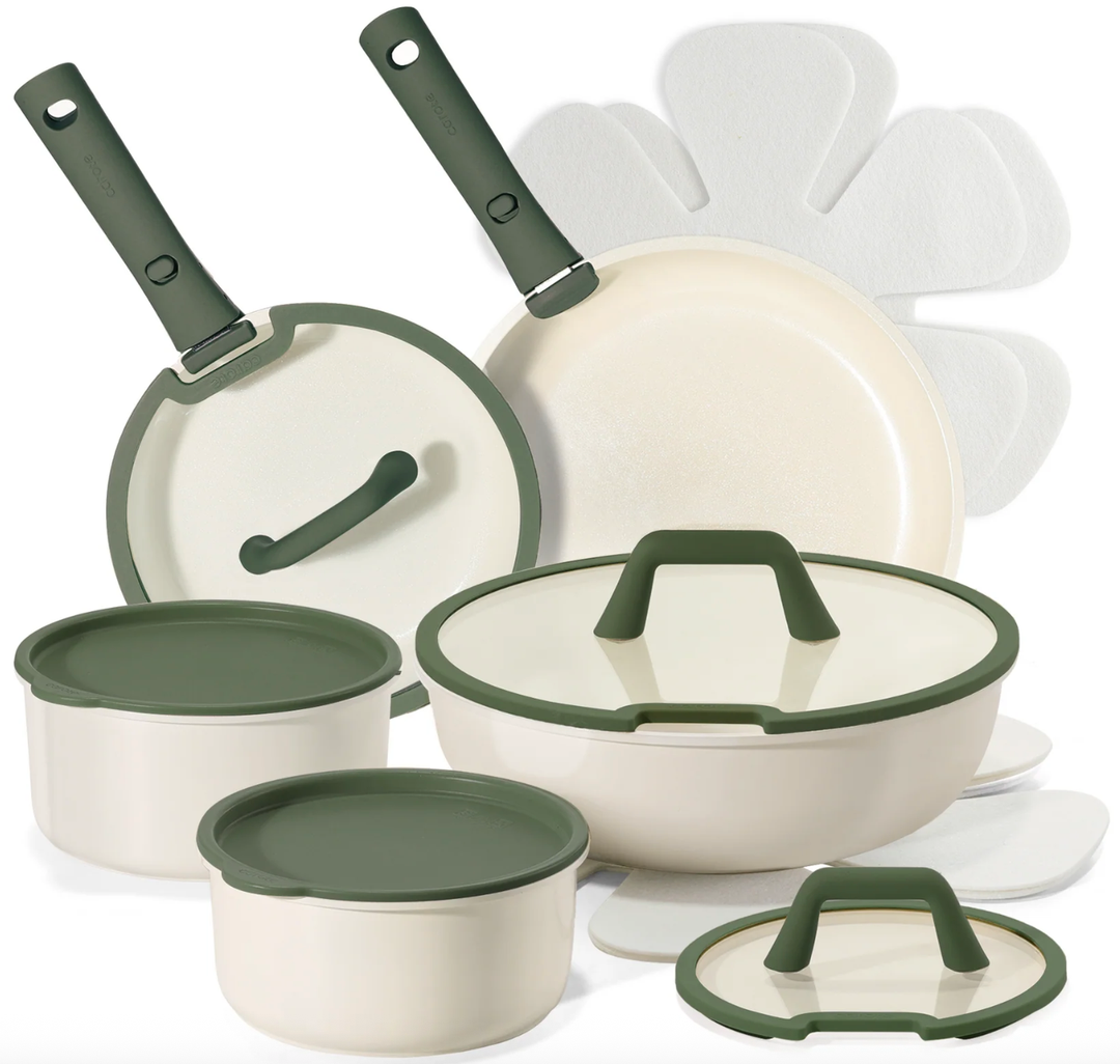 CAROTE 18pcs Ceramic Cookware Set, Pots and Pans Set, Induction Nonstick Kitchen,Non Stick RV Cookware Set with Detachable Handle, Dishwasher/Oven Safe, Green
