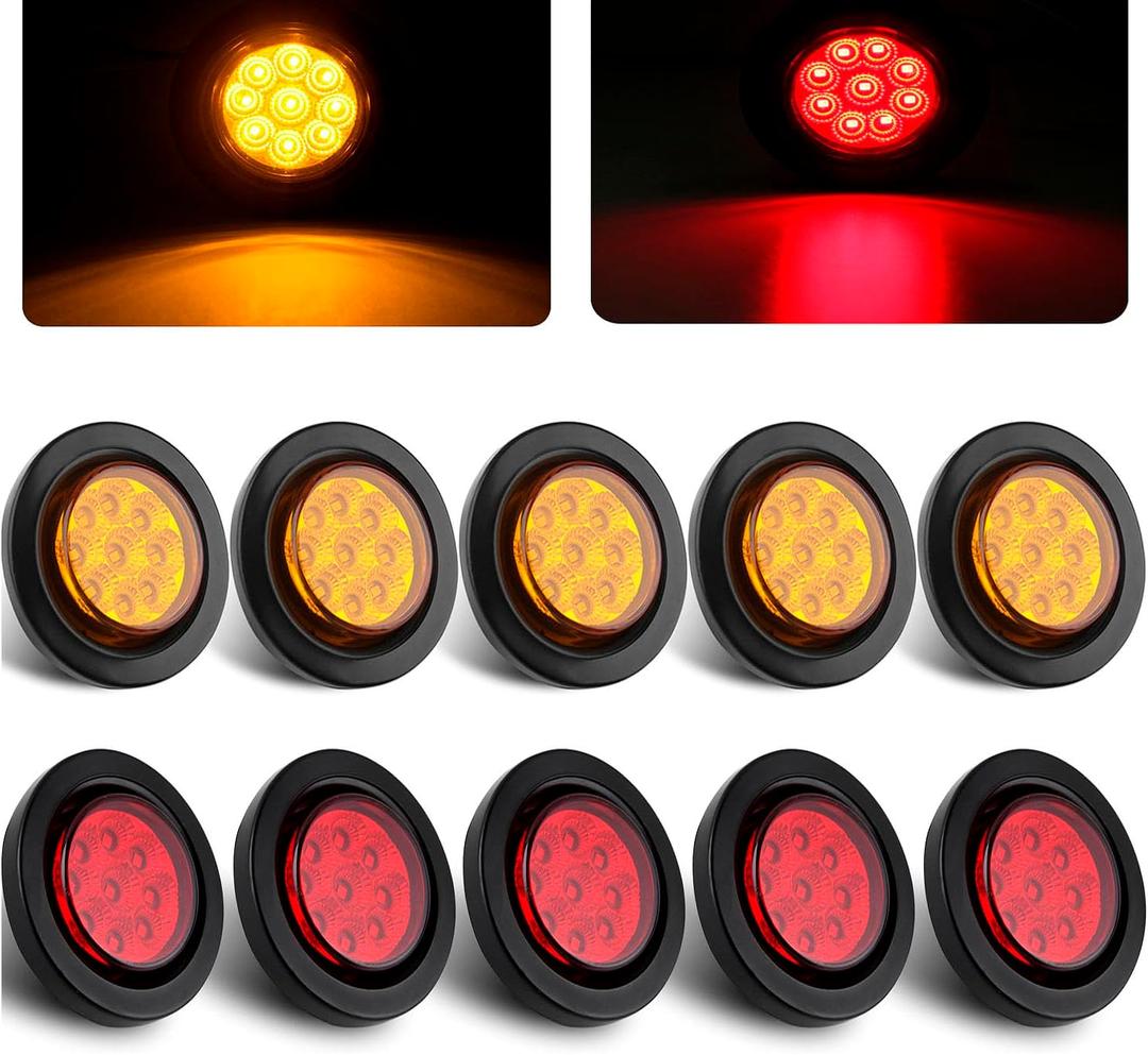 10PCS 2inch Round LED Marker Lights 9 LEDs w/reflex Lens 5 Amber + 5 Red 2" Round LED Trailer Lights Side Clearance Marker Lights for Truck RV Sealed Flush Grommets Mount w/2 Prong Wire Pigtails