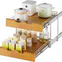DINDON 2 Tier Pull Out Cabinet Organizer (20" W x 21" D) Slide Out Wood Shelf Double Tier Kitchen Wire Basket with Chrome Finish