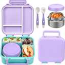 Bento Box for Kids with Soup Thermos(9oz) Kid Bento Lunch Box with Leak Proof Insulated Food Jar, Hot & Cold Lunch Container Set for School Girls Boys, 4-Compartments, Purple/Blue