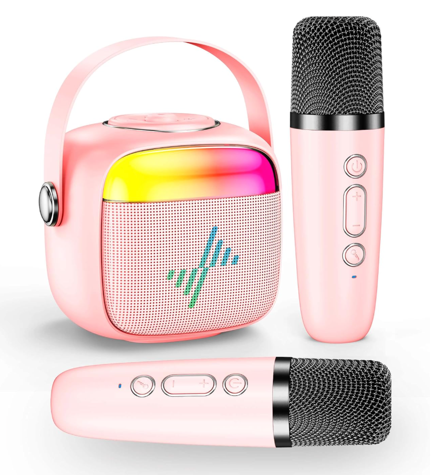 LENRUE Karaoke Machine for Kids, Birthday Gifts for Girls Boys Teens with Wireless Microphone, Colored Lights, Trendy Stuff Gifts for 3, 4, 5, 6, 7, 8, 9, 10 +Year Old. Pink