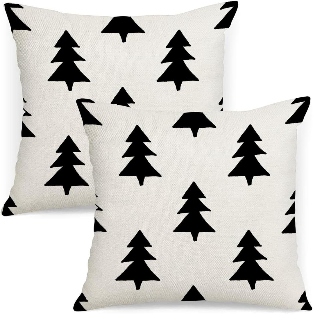 Christmas Pillow Covers 18x18 inch Set of 2 Beige Black Winter Xmas Trees Throw Pillows Farmhouse Decor Holiday Outdoor Cushion Cover Case for Couch Sofa 45