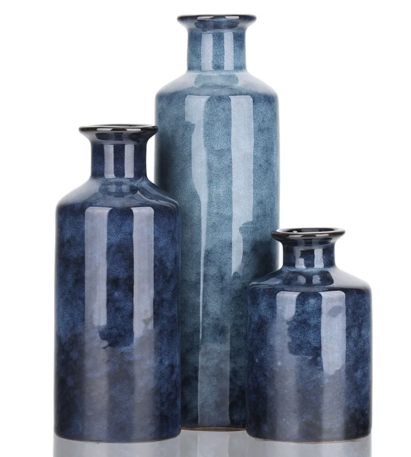 Blue Ceramic Vase Set - 3 Blue Small Vases, Farmhouse Country Flower Vase Home Decor, Living Room Decoration, Table Decoration, Fireplace Decor, and Entrance Decorations Centerpieces