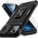 DEERLAMN Case for iPhone 15 with Slide Camera Cover + Screen Protector (2 Packs), Rotated Ring Kickstand Military Grade Shockproof Protective Cover, Black