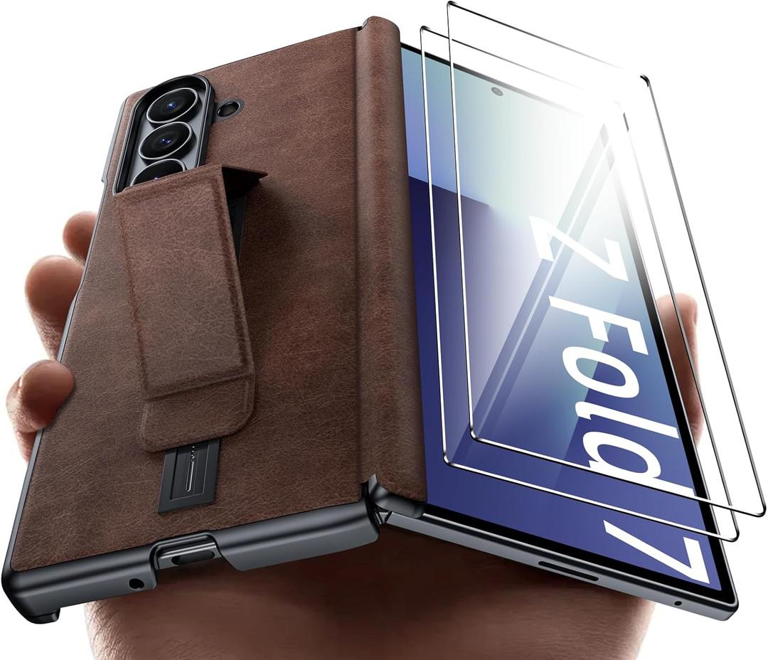 Vizvera for Galaxy Z Fold 7 Case Luxury Leather with Screen Protector 2 Pack, [Hinge Protection] Shockproof Leather Phone Case for Galaxy ZFold 7(Retro Brown)