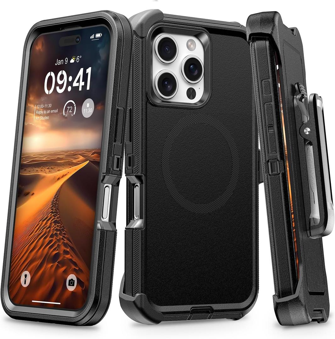 TUTUKII for iPhone 16 Pro Case with Belt Clip Holster, Anti-Shock, Anti-Slip, Compatible with MagSafe, 3-Layer Drop Protection, Heavy Duty Magnetic Phone Case Cover for 16 Pro, 6.3", Black