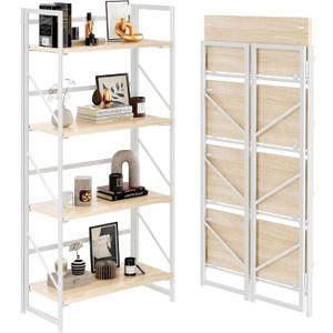JSB No Assembly Folding Bookshelf, 4 Tier Industrial Metal Book Shelf for Storage, Vintage Wood Foldable Bookcase for Living Room, Bedroom, Office Organization Shelves, Flat Tube 4-Tier