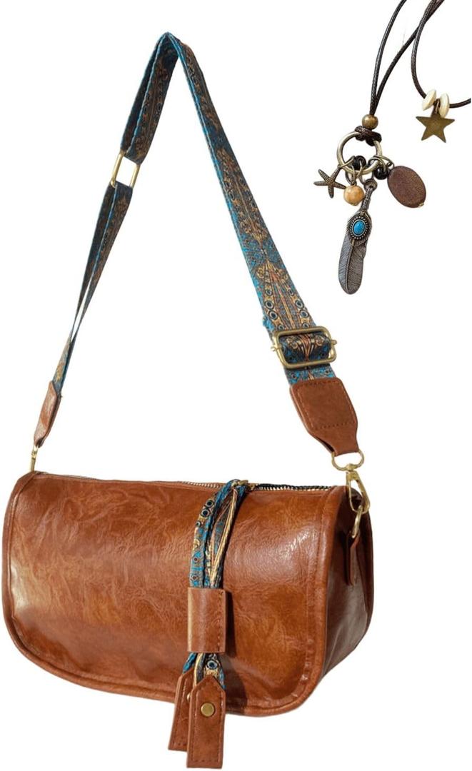 Vintage Crossbody Bag Western Bag Boho Purses For Women Leather Zipper With Adjustable Strap Shoulder Bag