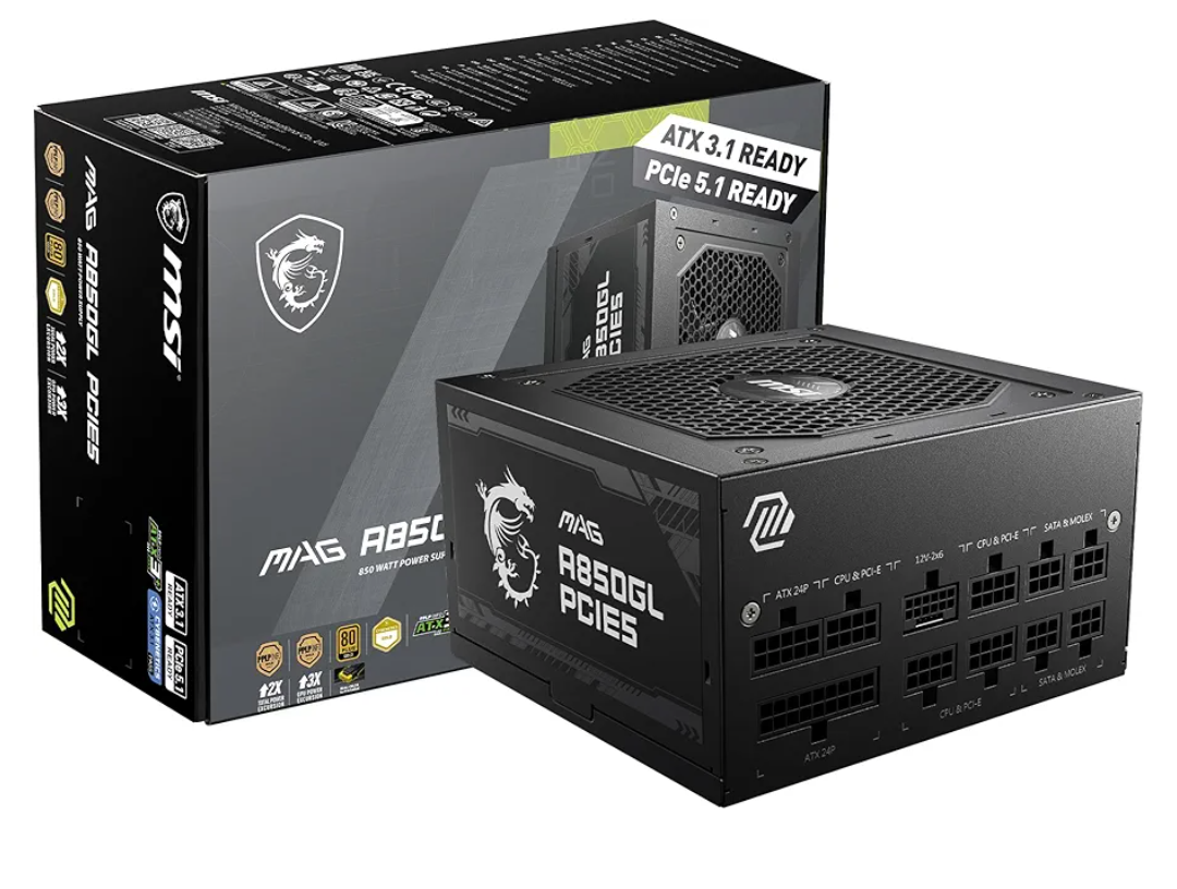 MSI MAG A850GL PCIE5, Fully Modular Compact Gaming 850W Power Supply, 80+ Gold, ATX 3.1 & PCIe 5.1 Ready, Native Dual-Color 12V-2x6 Cable