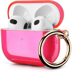 KOREDA Compatible with AirPods 3 2021 3rd Generation Case Cover, Soft Clear TPU Transparent Protective Shockproof Case Designed with Keychain (Neon Hot Pink)