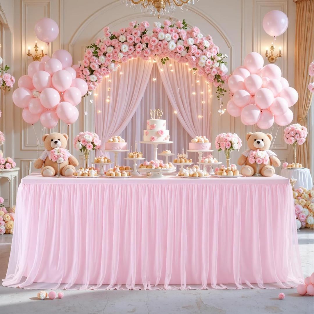 8ft Pink Tulle Tablecloths for Rectangle Tables 8 Foot Baby Pink Table Cloth Rectangular Wrinkle Free Stretch Spandex Table Cover with Skirt for Baby Shower Girls Birthday Party Banquet Buffet Cake (96" x 30" (8FT - 1 Pack))