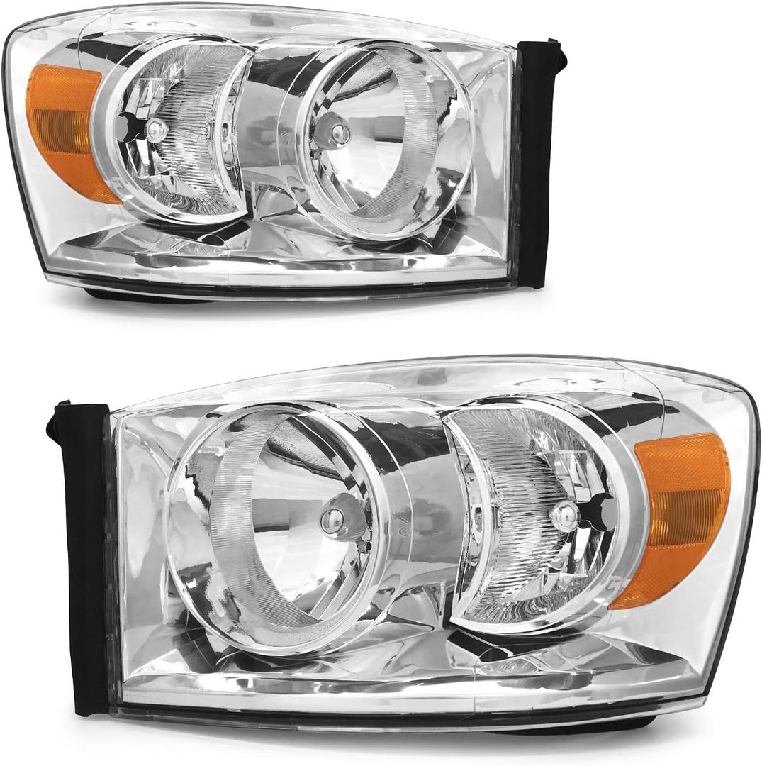 Headlight Assembly for 2006 2007 2008 2009 Dodge Ram Headlamp for 2006-2008 Dodge Ram 1500/2006-2009 Dodge Ram 2500 3500 with Chrome Housing Fit W/O Bottom Amber Colored Bar (Chrome Housing Amber Reflector)
