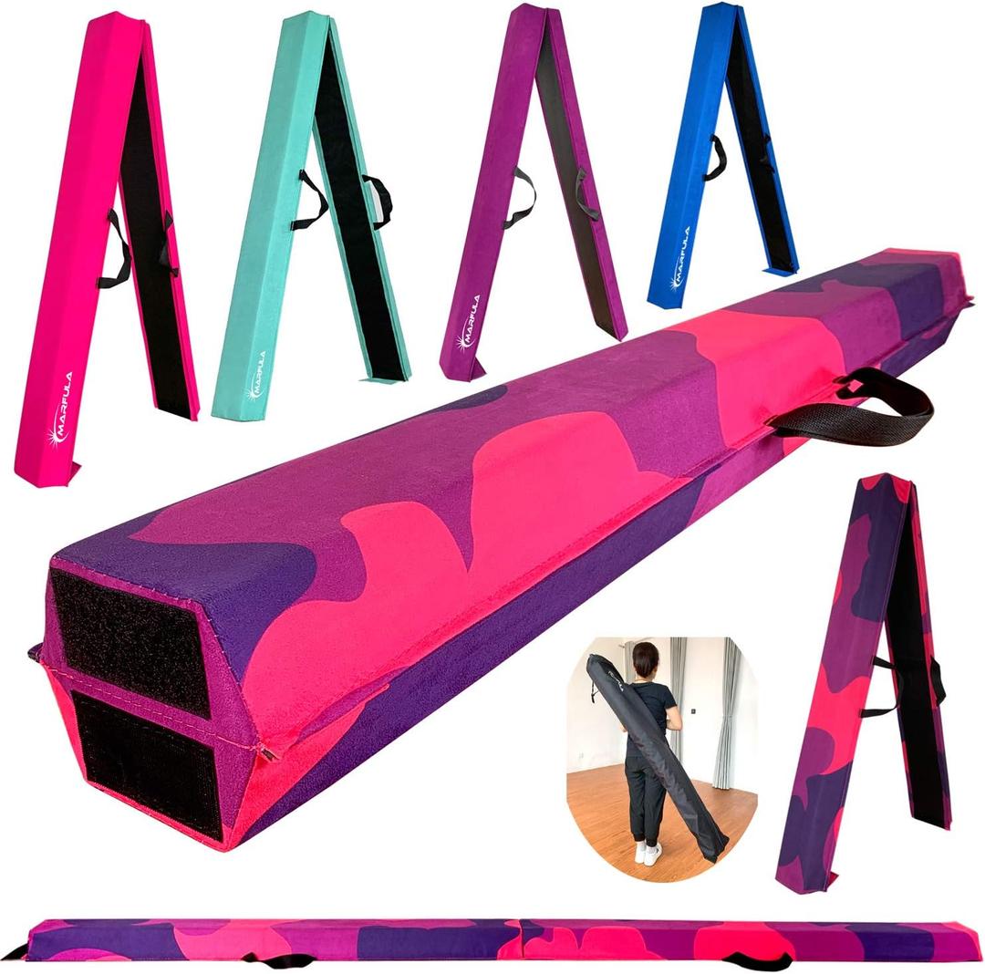 MARFULA 6 FT / 8 FT / 9 FT Folding Gymnastics Beam Foam Balance Floor Beam - Extra Firm - Suede Cover - Anti Slip Bottom with Carry Bag for Kids/Adults Home Use (PinkPurple-Camo)