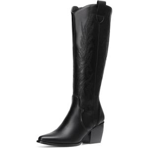 DREAM PAIRS Womens Cowboy Boots Wide Calf Comfortable Pull On Zipper Chunky Heel Pointed Toe Embroidered Western Cowgirl Knee High Boots Ladies Retro Tall Boot (9)