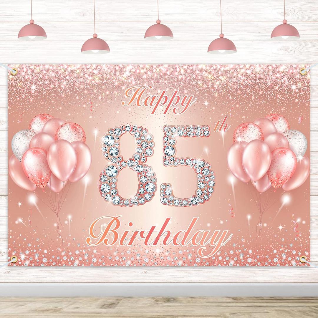 Happy 85th Birthday Banner Backdrop - 85 Birthday Party Decorations Supplies for Women or Men - Rose Gold 4 x 6ft