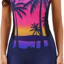 Halcurt Women's Boyleg Athletic One Piece Swimsuit with Boyshorts Racerback Sport Bathing Suit (XX-Large, Navy/Coconut Tree)