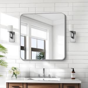 KOCUUY Silver Bathroom Mirror, 30x30 Inch Bathroom Mirror for Over Sink, HD Tempered Glass, Anti-Rust Brushed Silver Frame, Rounded Corner Modern Design for Bathroom, Hang Horizontal/Vertical