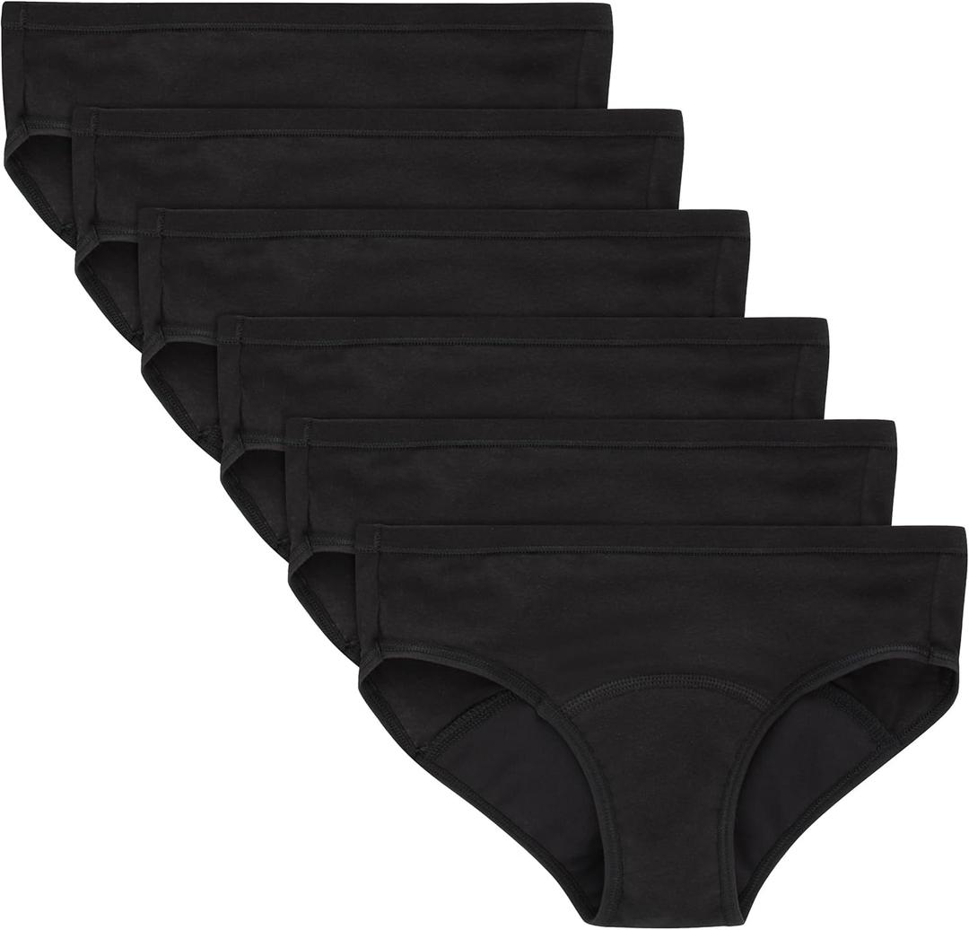 Hanes Girls' Period Underwear Boxer Briefs, Comfort Period Boxer Brief Panties for Girls, Moderate Protection (14, Hipster - Black - 6 Pack)