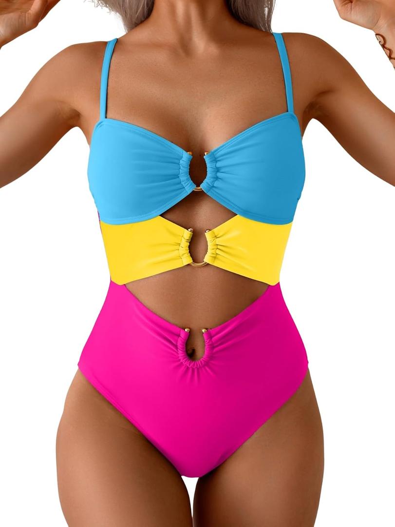 Eomenie One Piece Swimsuit for Women Ring Linked Monokini Sexy Bathing Suit Cutout Swim Suit (Medium, Blue Yellow Hot Pink)