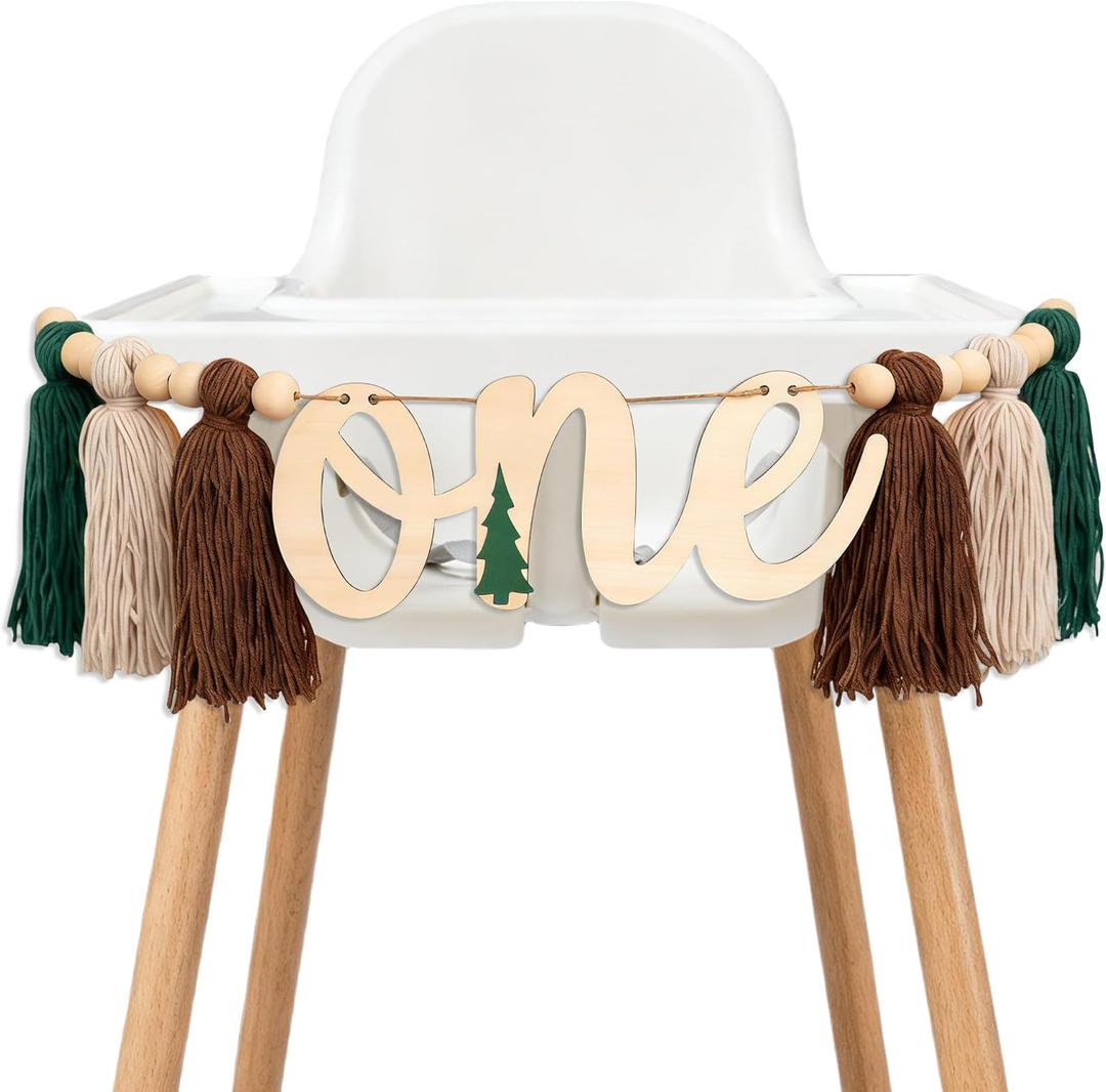 One Happy Camper High Chair Banner - Adventure Camping Theme Wooden Highchair Banner, Wild One First Birthday Decorations, Woodland 1st Birthday Decorations Tassel(A) (Brown)