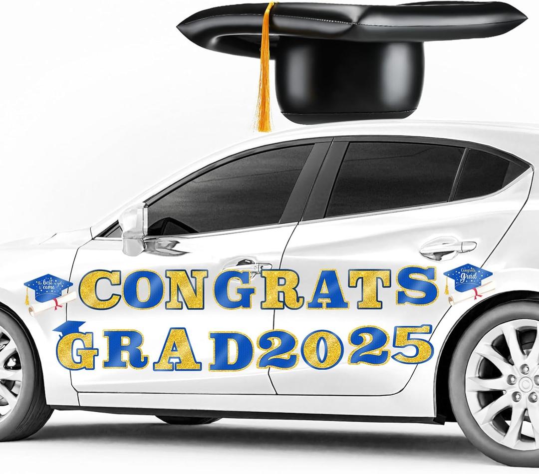 2025 Graduation Car Decorations 23'' Large Inflatable Grad Cap Car Decors Congrats Grad Letters Bulk Class of 2025 PVC Inflatable Cap for Senior High School Collage Prom Party Decors(Blue, Gold)