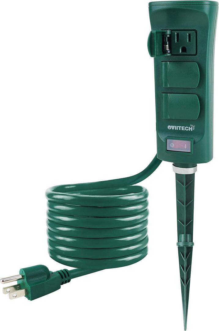 Outdoor Power Strip with Weatherproof Cover, 6 FT Extension Cord and 6-Outlet Yard Power Stake with ON/Off Switch, ETL Certified, Green
