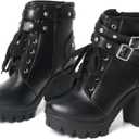 FOREADA Goth Boots Chunky Heel Boot For Women Ankle Combat Booties Black Platform Bootie Buckle Rivets Punk Goth Shoes With Zipper (10.5)