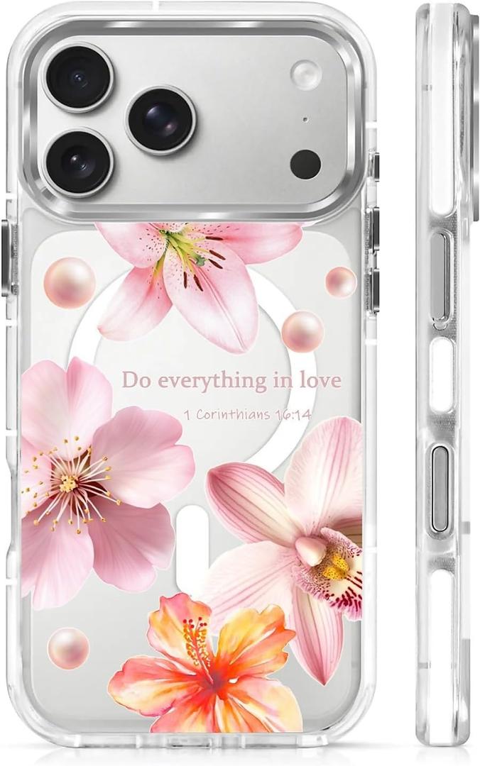 for iPhone 17 Pro Max Case [Compatible with Magsafe],Girls Women Clear Magnetic Case Silicone Shockproof Protective Cover with Pattern Hibiscus Bubbles