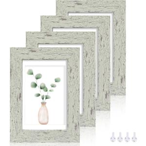 5x7 Picture Frame Set of 4, Made of Real Glass and Sage Green Wooden Frame, 5 by 7 Photo for Wall or Tabletop - Display Picture 4x6 with Mat or 5x7 Without Mat