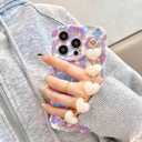 Pretaco Compatible with iPhone 13 Pro Max Case Soft TPU Sparkling Purple Flower Oil Painting, with Luxury Heart Bracelet, Fashionable Wave Edge Shape, Drop and Shock Resistant, for Women and Girls