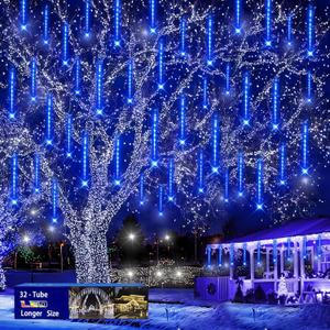 Christmas Lights Outdoors, 32 Tubes(Equivalent to 4 Sets of 8-Tubes) Meteor Shower Rain Lights - Blue lcicle Christmas Light Outdoor for Xmas Tree Wedding Party Holiday House Yard Decor, UL Plug