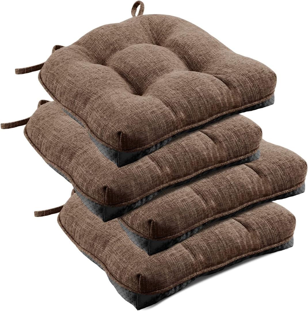 downluxe Indoor Chair Cushions for Dining Chairs, Tufted Overstuffed Textured Foam Kitchen Chair Pads with Ties and Non-Slip Backing, 15.5" x 15.5" x 4", Brown, 4 Pack